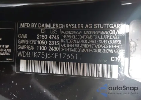 2006 Mercedes-Benz Clk 500 из США, поврежденный, VIN WDBTK75J66F176511